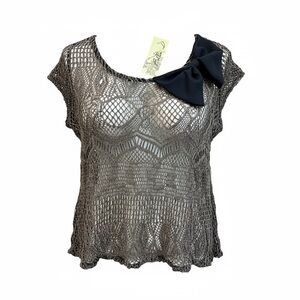 Bella Crochet Lace‎ Blouse Black/Taupe Bow WMNS XL Coquette Twee Date Night